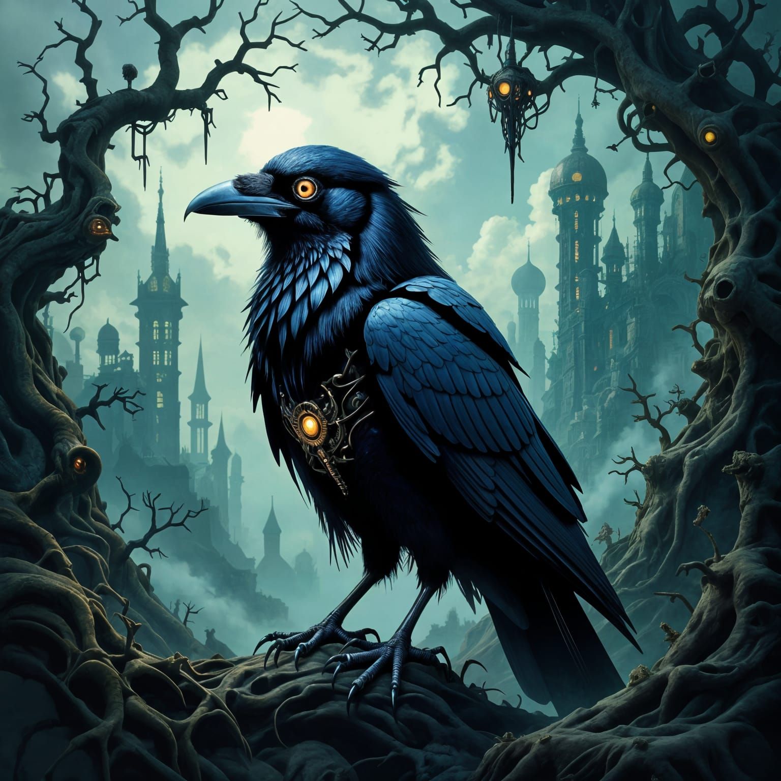 Steampunk Raven in Biomechanical Landscape