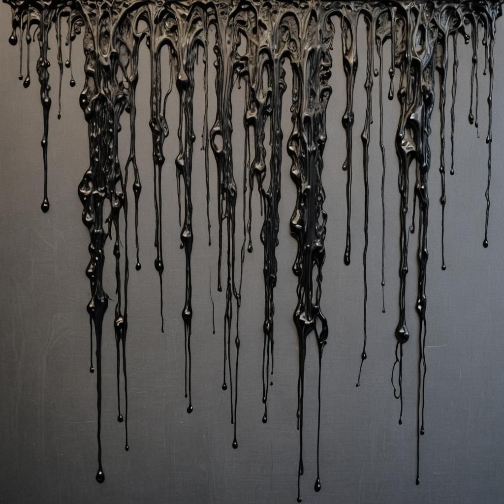 Abstract Black Fibers and Drips on Canvas
