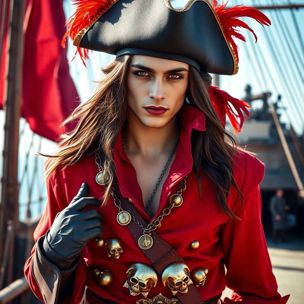 Confident Pirate Captain in Rich Red Attire