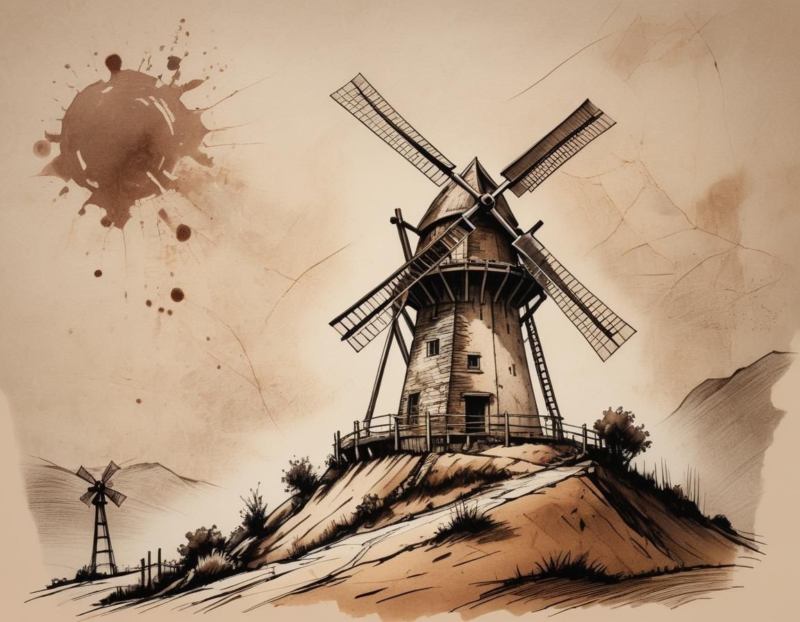 Vintage Windmill: Hyper-Realistic Technical Drawing