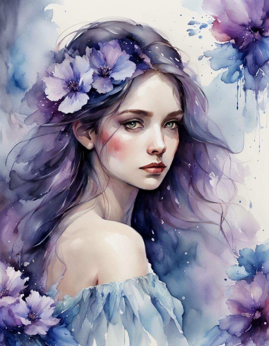 Whimsical Watercolour Portrait of a Woman in Dreamlike Bloom...