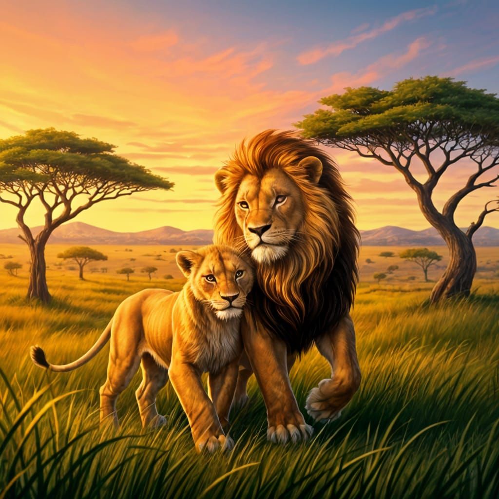 African Lion Couple Stroll Through Sunset Savanna