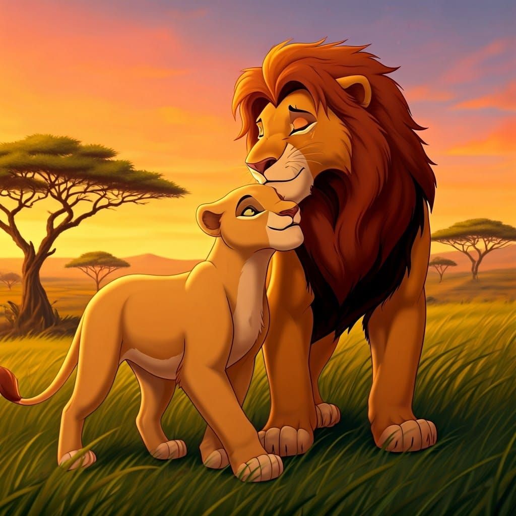 Golden Lion and Lioness Stroll Through Sunset Savannah