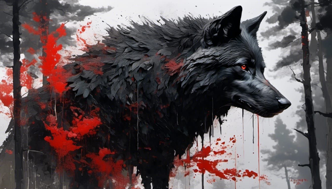 A painting of a partially melanistic variant of the black wolf