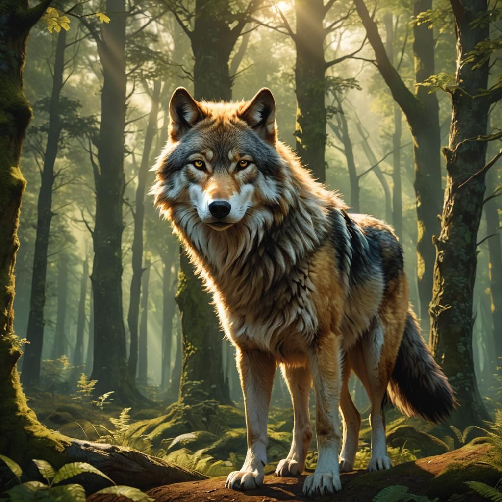 Golden Wolf Adoring Pup in Sunlit Forest