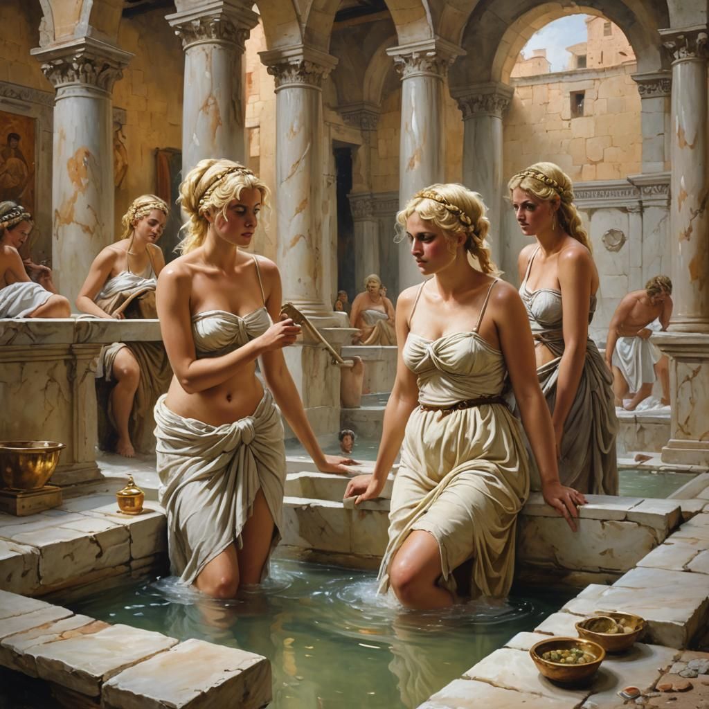 Roman Bathhouse Scene Inspired by Oil Painting