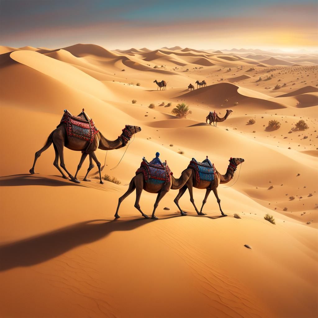 Camel Caravan on Desert Dunes: Hyperrealistic Splash Art