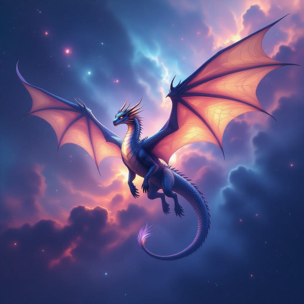 Dragon Soaring Through Vibrant Nebula in Cosmic Style