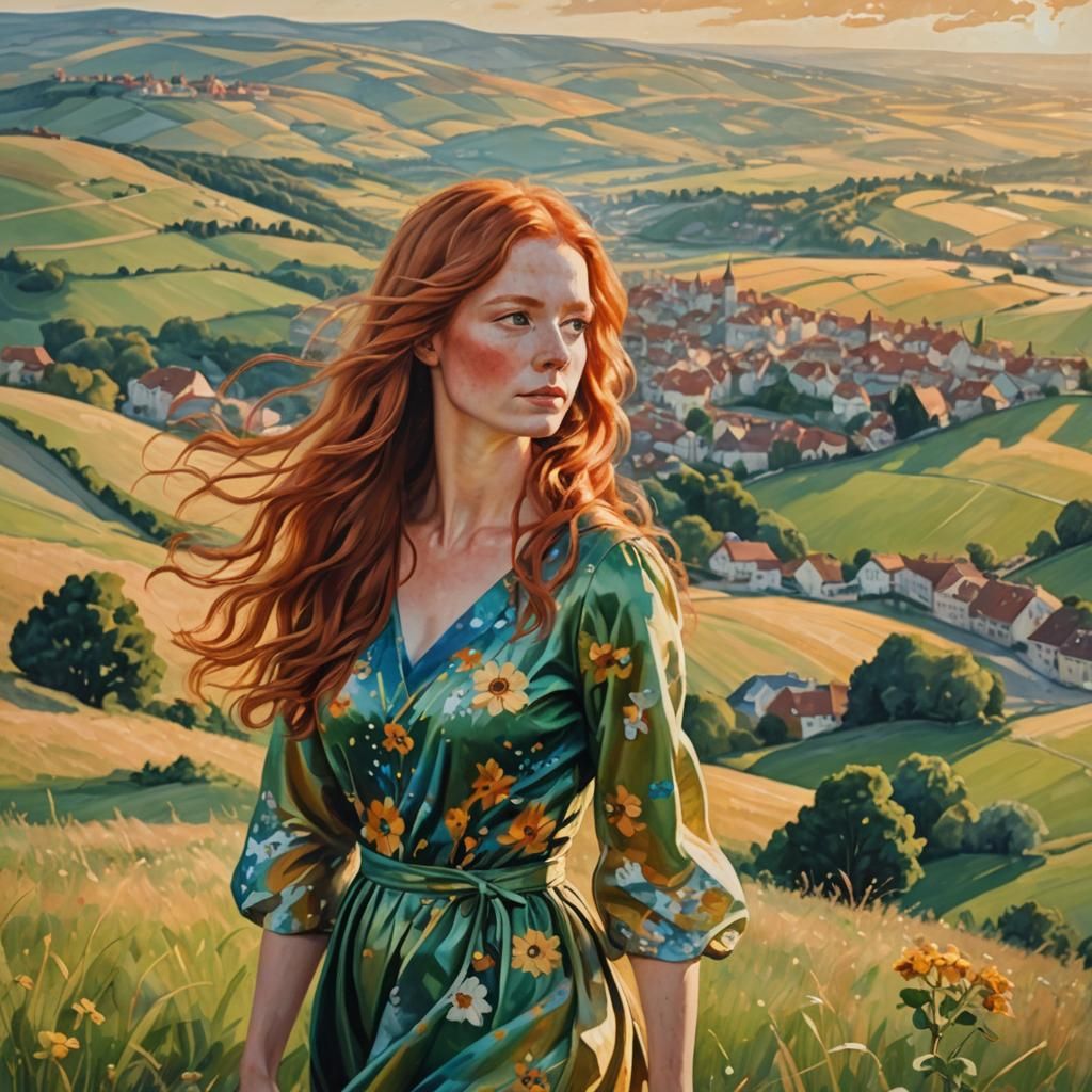 Redhead Overlooking Stuttgart as Oil Painting