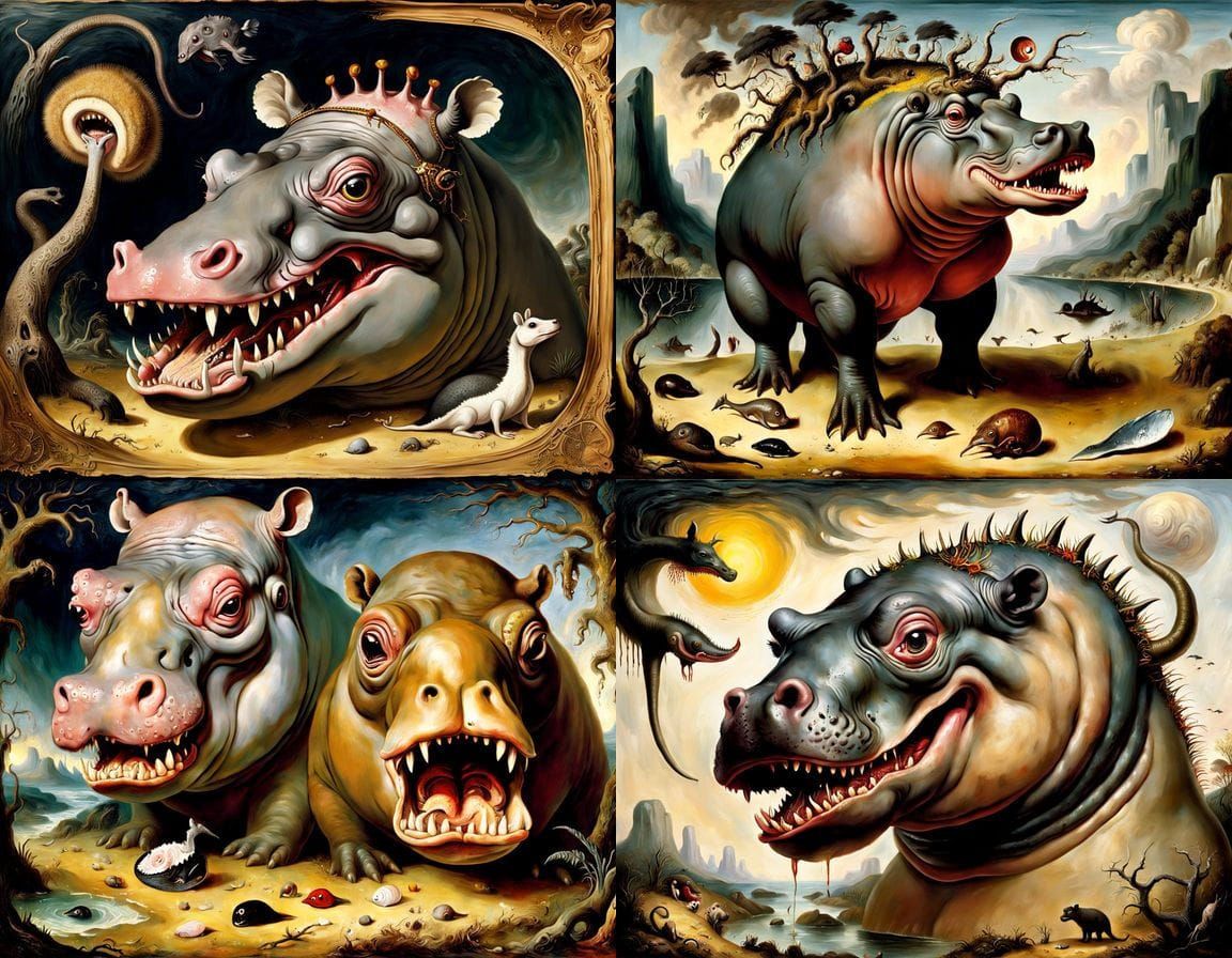 Surreal Landscape of a Mutant Hippo in a Lush African Enviro...