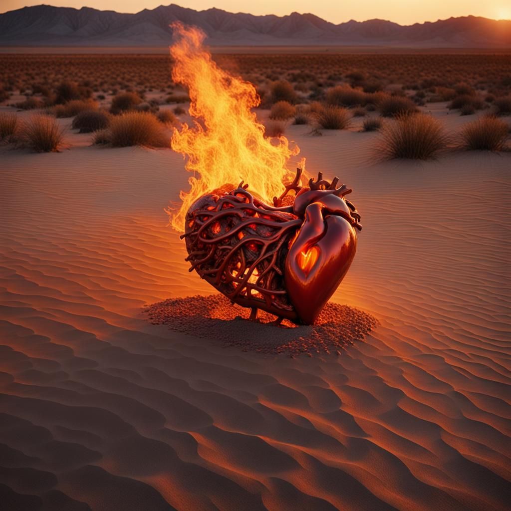 Burning Heart Sculpture in Desert Flames