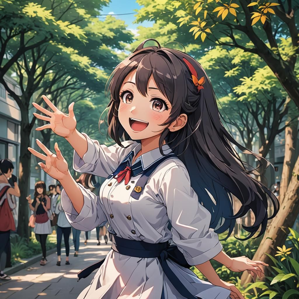 Happy Anime Girl Waving in Cel-Shaded Style