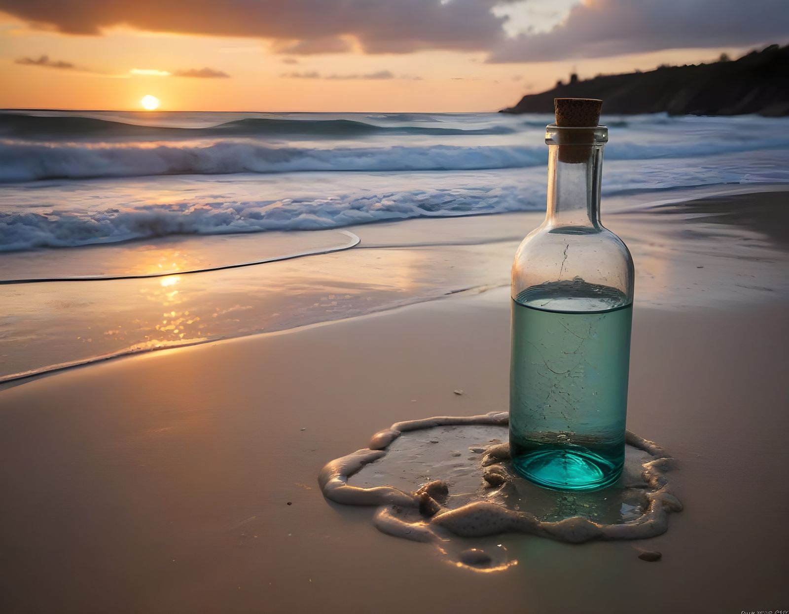 Surreal Coastal Scene with a Glass Bottle