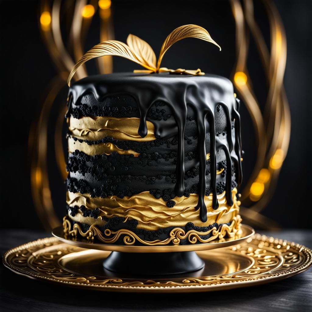 Appetizing Black and Gold Cake with Luminous Layers