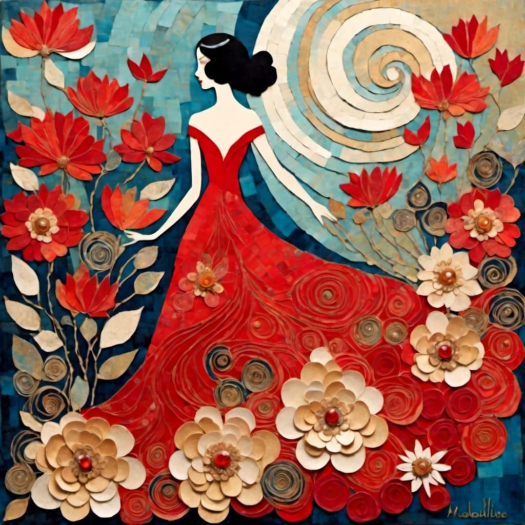 Fauvist Art Deco Woman in Red Gown