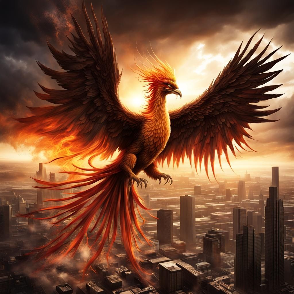 Phoenix Rising from Ashes in Stormy Cityscape