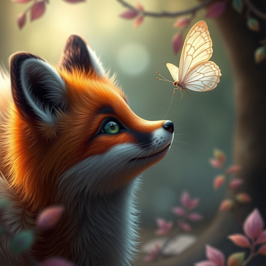 Fox and Butterfly in Dreamlike Forest Landscape