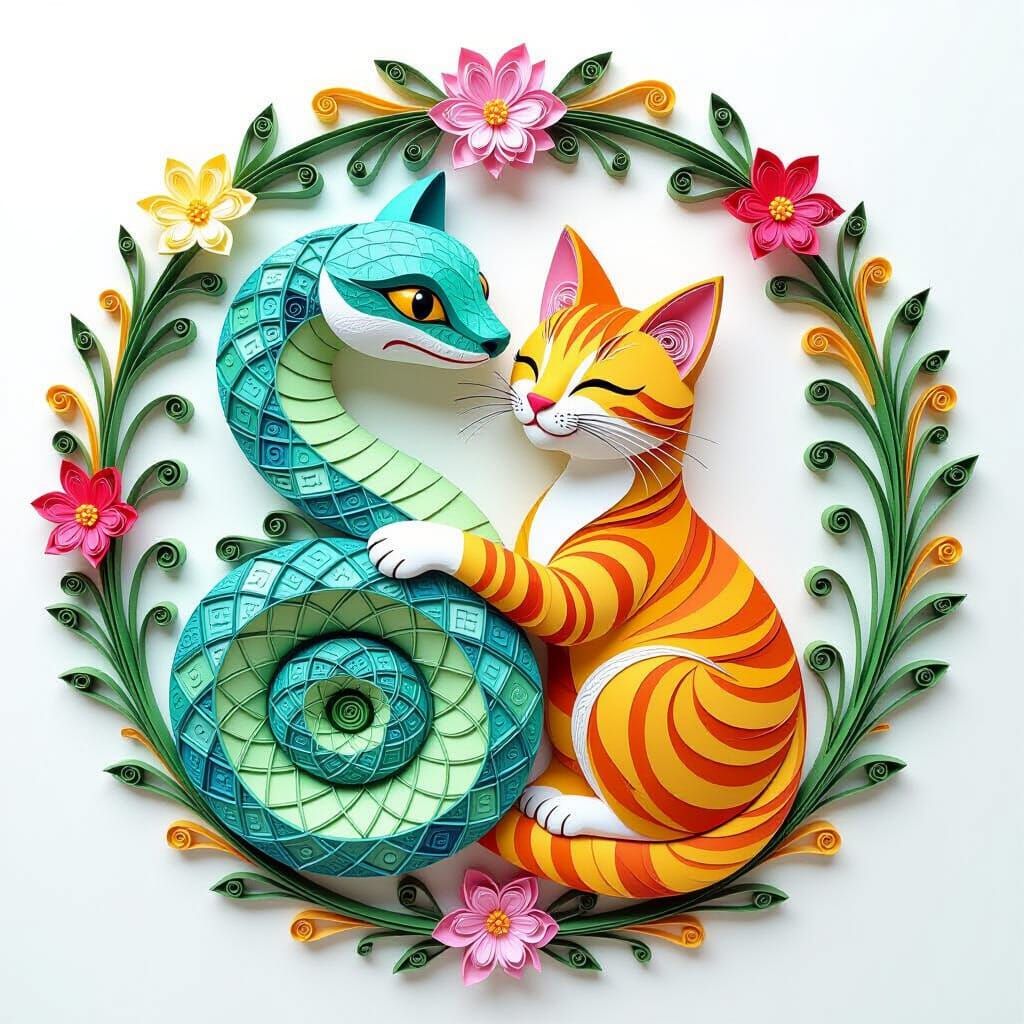 Cat and Snake Embrace in Whimsical Paper Quilling Style