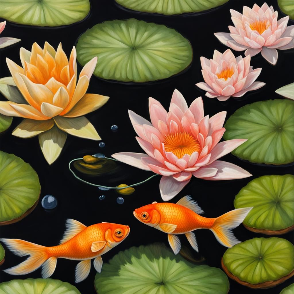 Photorealistic Goldfish in Dark Lily Pond
