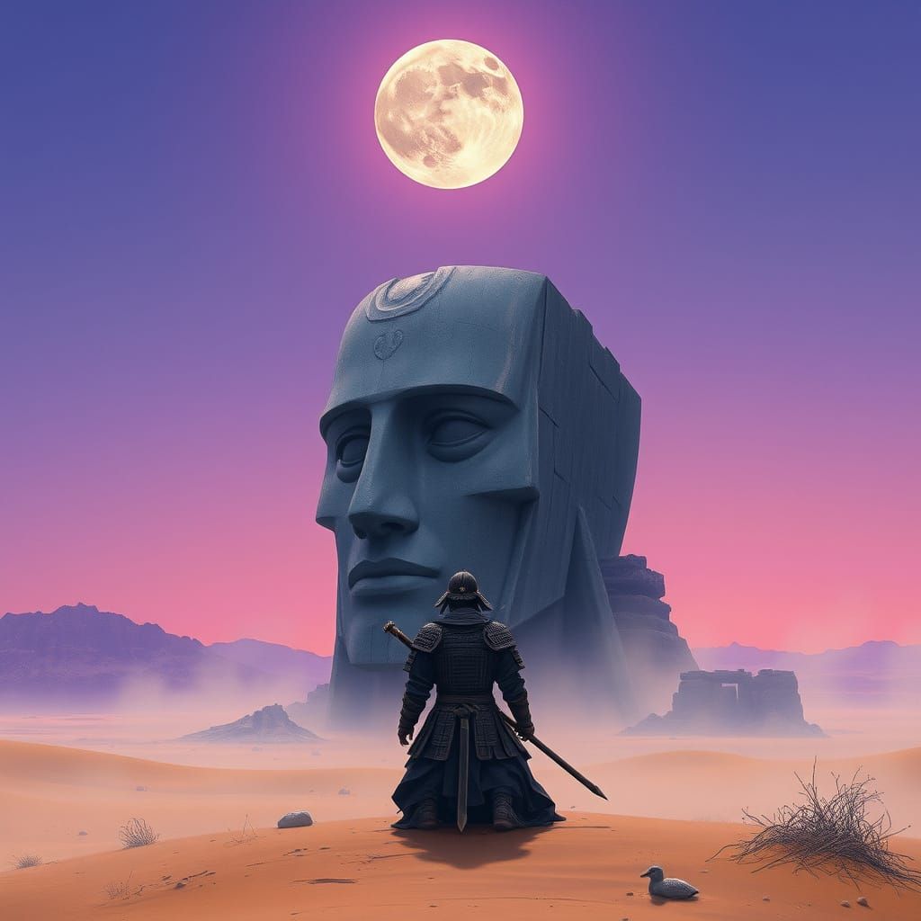 Samurai Meditates Before Ancient Stone Head