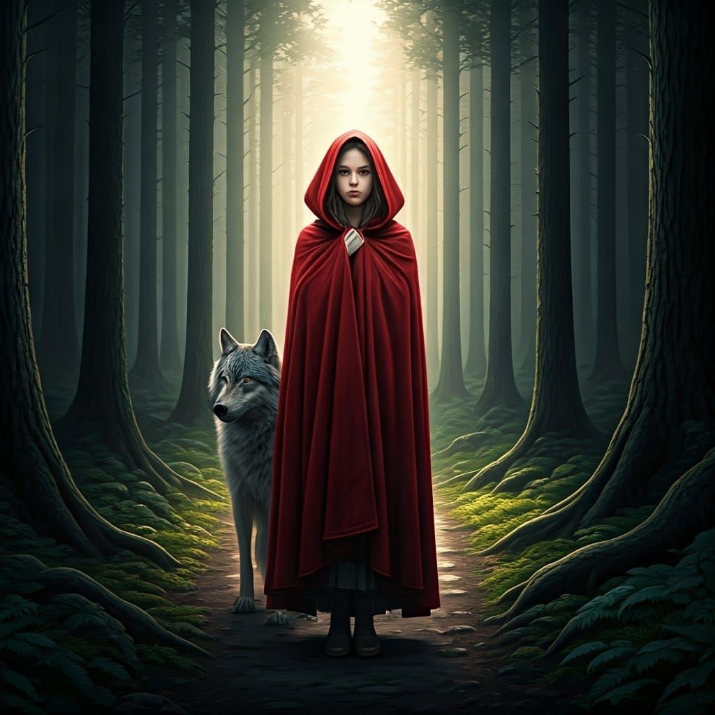 Girl in Red Cloak Surrounded by Dark Forest and Wolf in Mood...