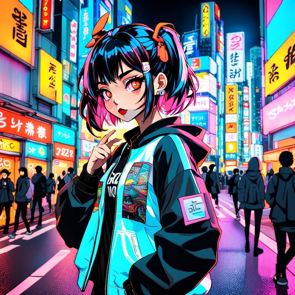 Cool Girl Poses in Shibuya: Anime-Style Digital Portrait