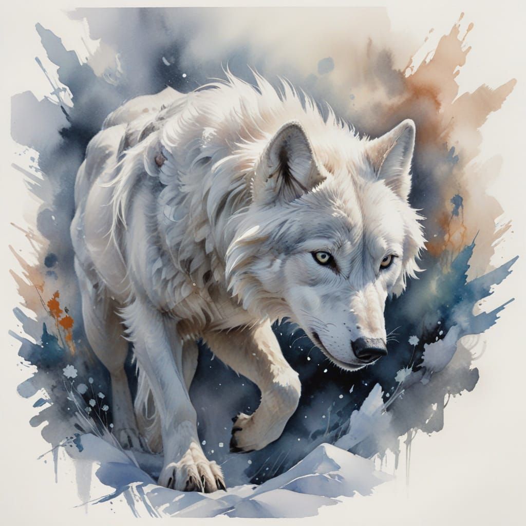 Ethereal Arctic Wolf Surveys Frosty Alpine Realm