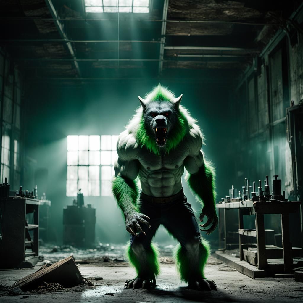 Muscular Green Werewolf Howling in Abandoned Lab
