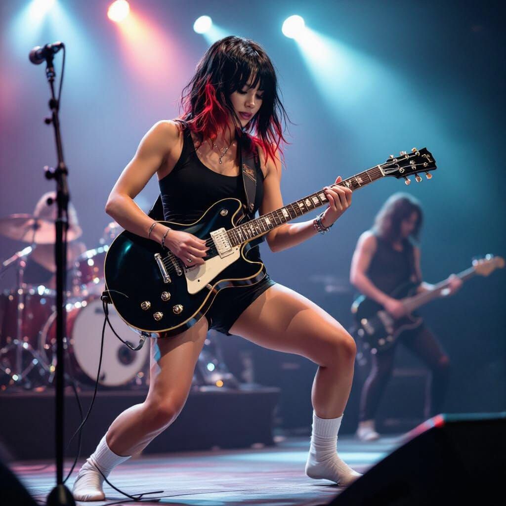 Female Guitarist in Power Pose on Concert Stage