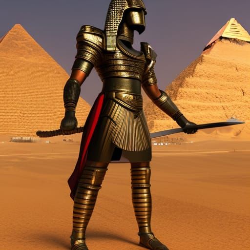 Futuristic Pharaoh with Sword in Front of Pyramids