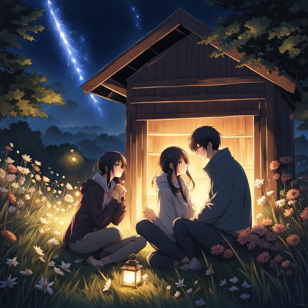 Romantic Meteor Shower: Anime-Inspired Digital Art