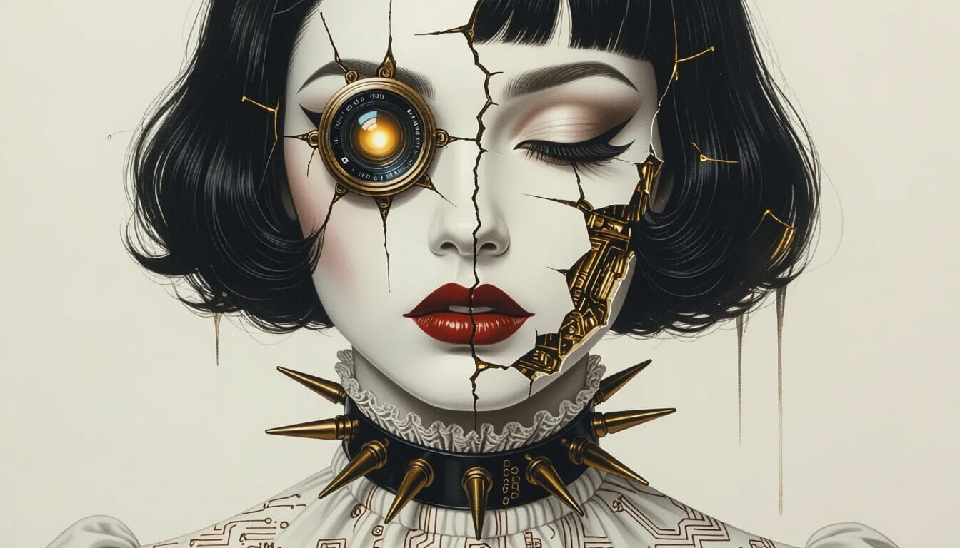 Fractured Porcelain Face with Camera Lens Eye