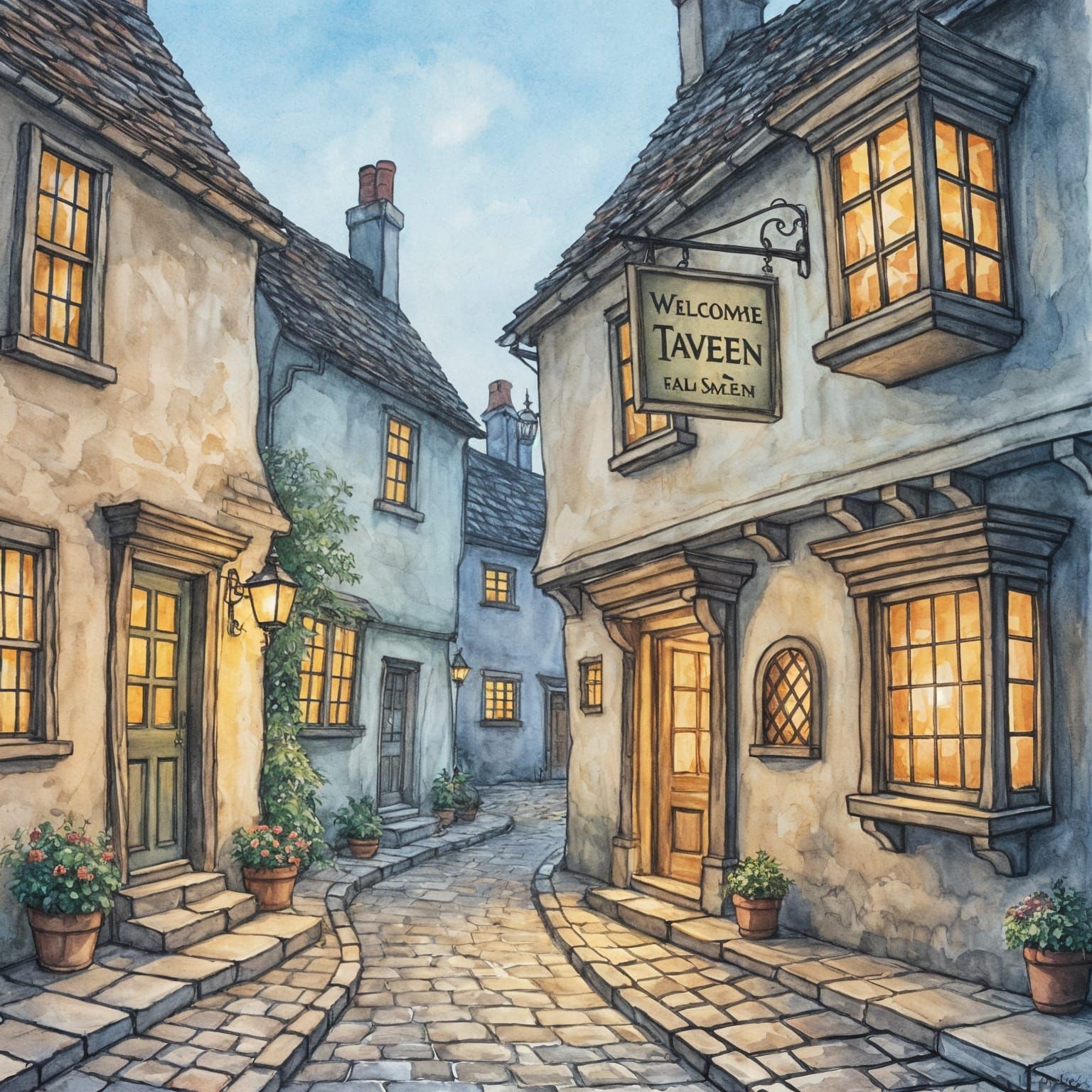 Cobblestone Alleyway Tavern in Detailed Watercolor Style