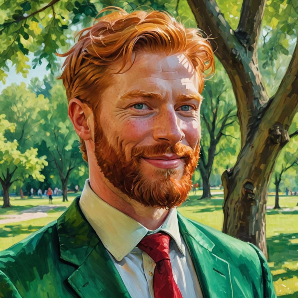 Ginger Man in Green Velvet Suit as Impasto Painting
