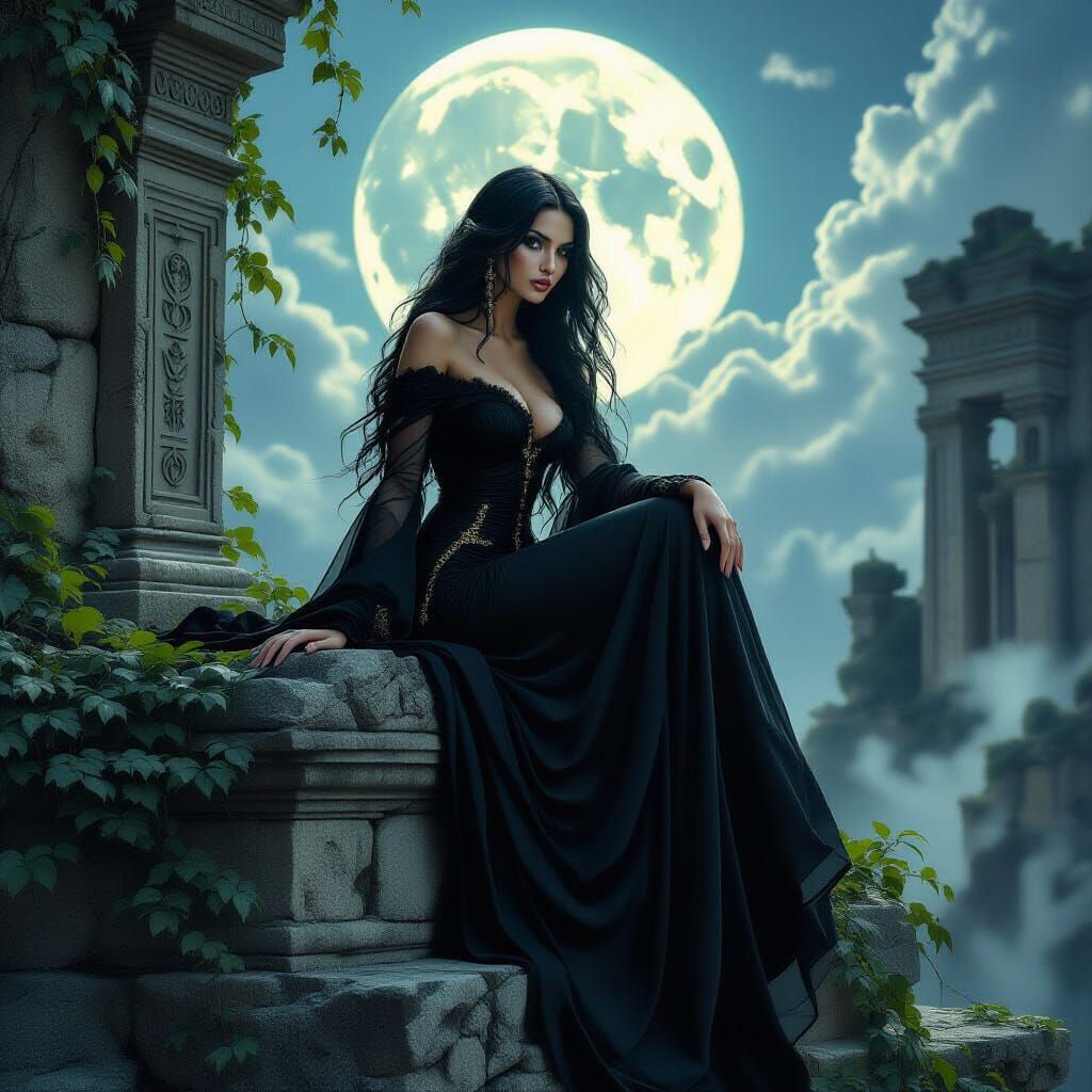 Raven-Haired Woman on Ancient Temple Ruins