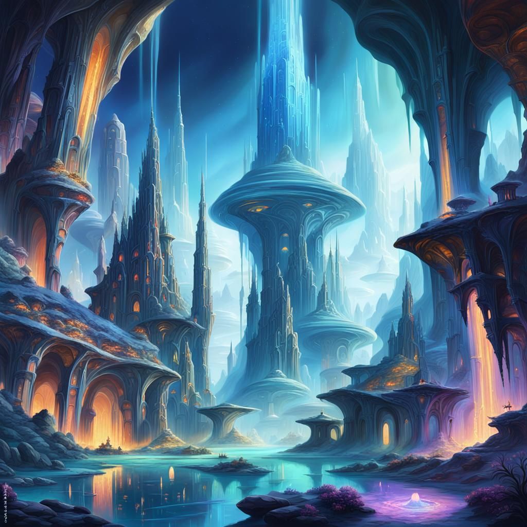 Majestic Alien City in Iridescent Caverns of Tau Ceti