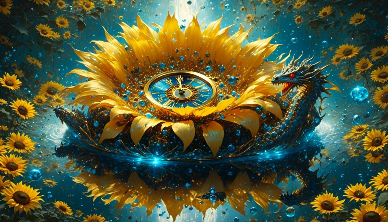 Crystal Sunflower, Dragon, and Floating Clock in Surreal Sty...