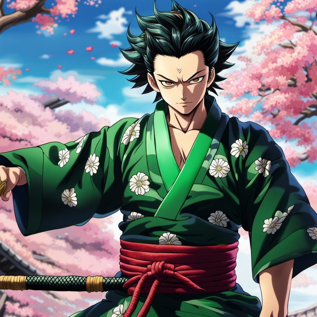 Tanjiro Kamado Anime Portrait in Black and Green Yukata