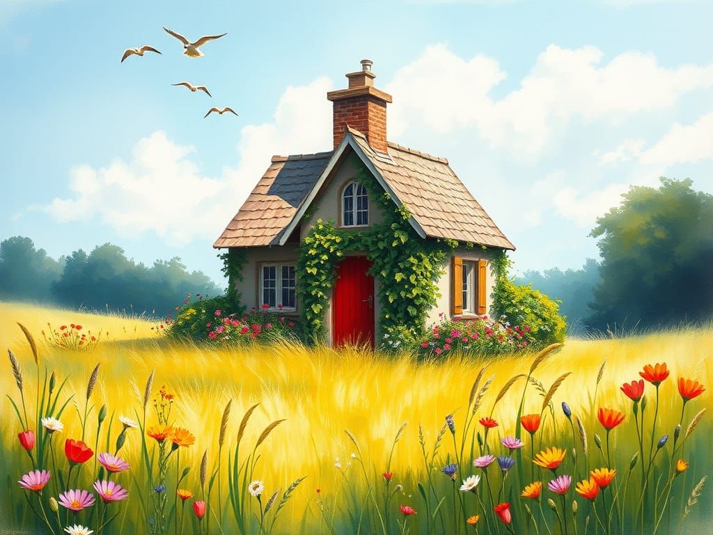 Charming Cottage in a Vibrant Meadow, Painted in Soft Oil In...