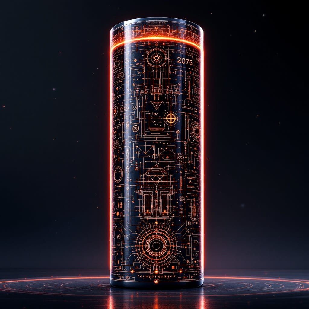 Fiery Cylinder with Circuit Diagrams in Sci-Fi Style