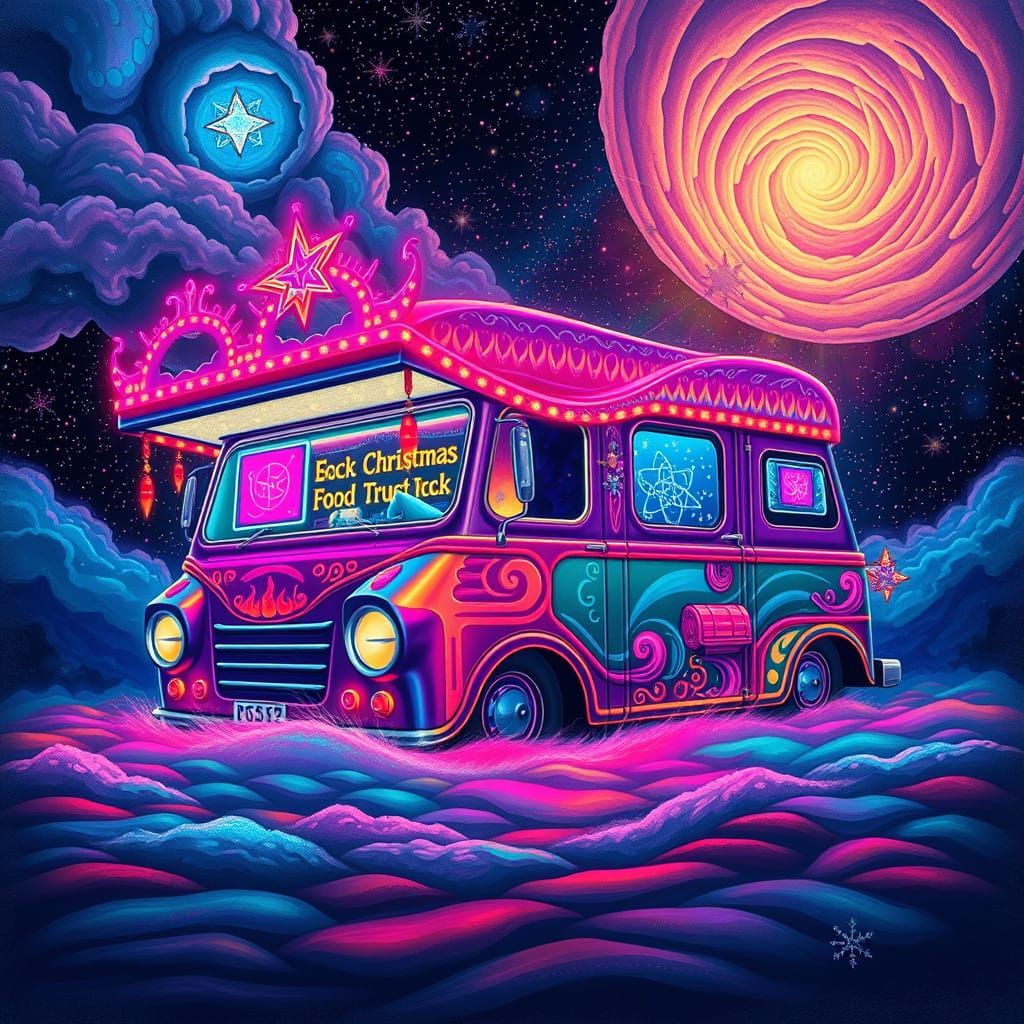 Cosmic Christmas Food Truck in Retro Futuristic Style