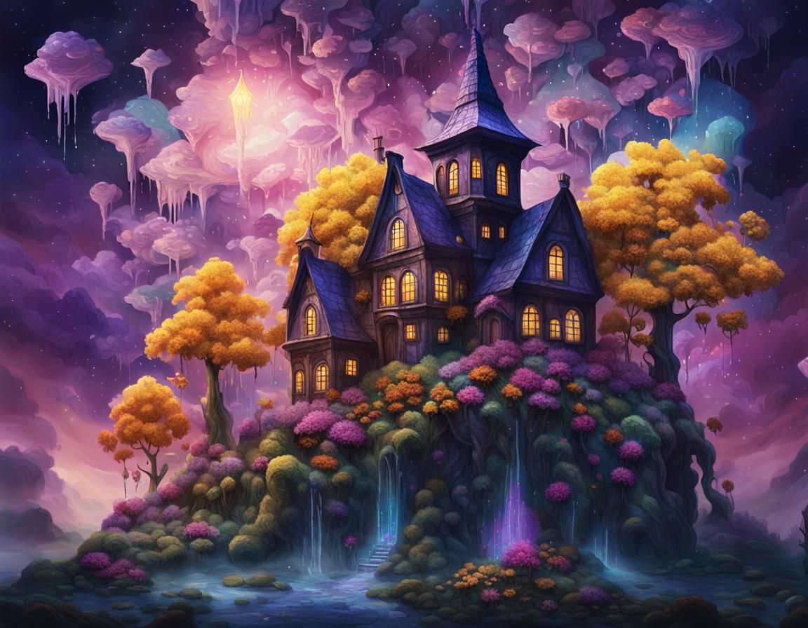 Vibrant Dreamscape with Melting Trees and Celestial Blooms