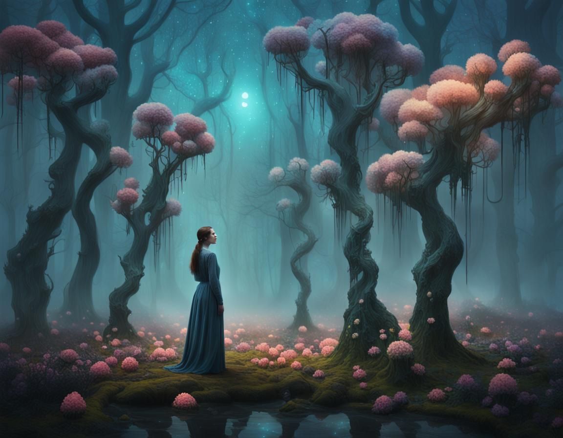 Dreamscape: Woman in Surreal Dark Fantasy Forest