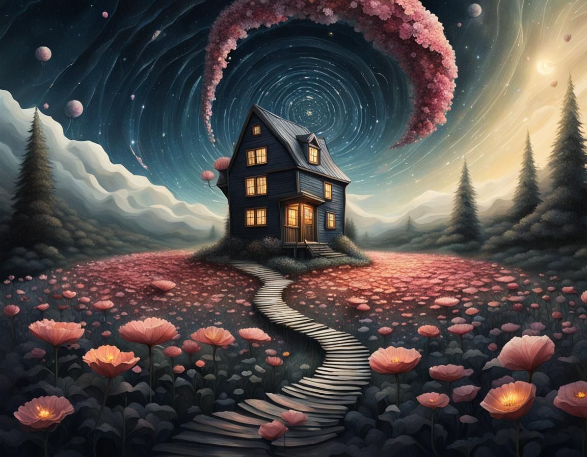 Dreamlike Fantasy Landscape with Giant Flower