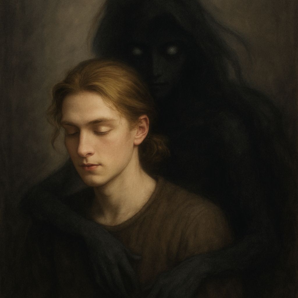 Ethereal Shadow Woman Protects Young Man