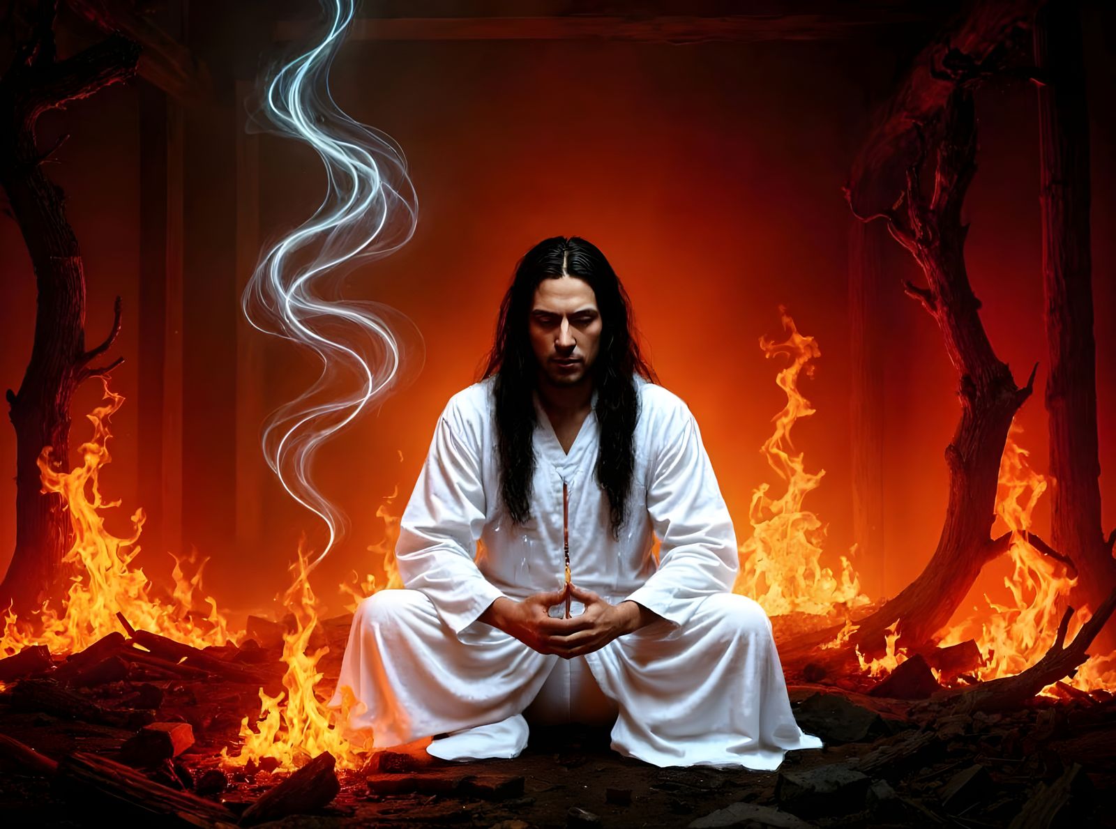 Meditative Man in Burning House: Surreal Apocalyptic Scene
