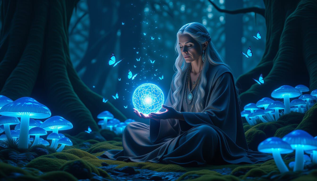 Mystical Forest Sage with Bioluminescent Fungi and Glowing O...