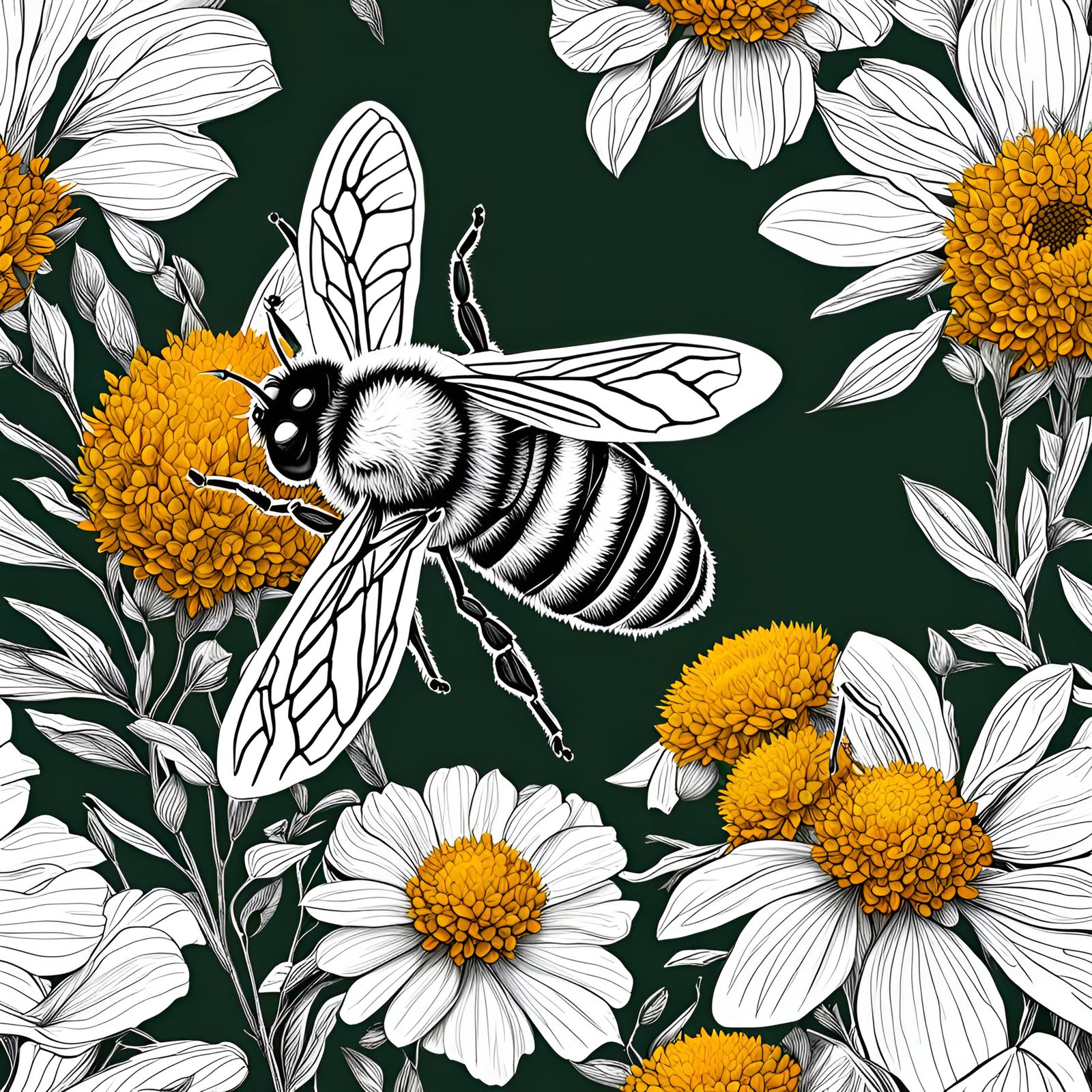 Bee on Flower: Detailed Digital Line Drawing