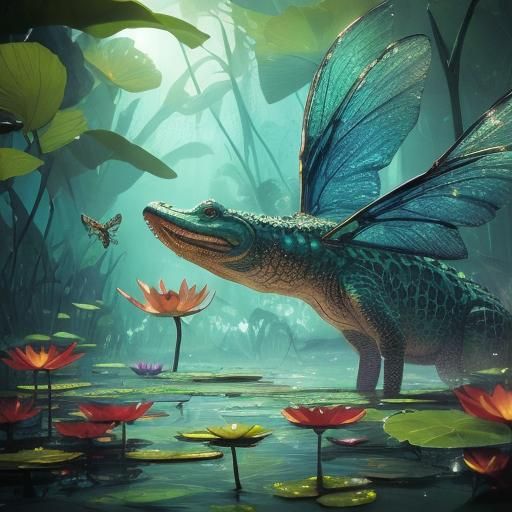 Bioluminescent Alligator with Dragonfly Wings: Surreal Art