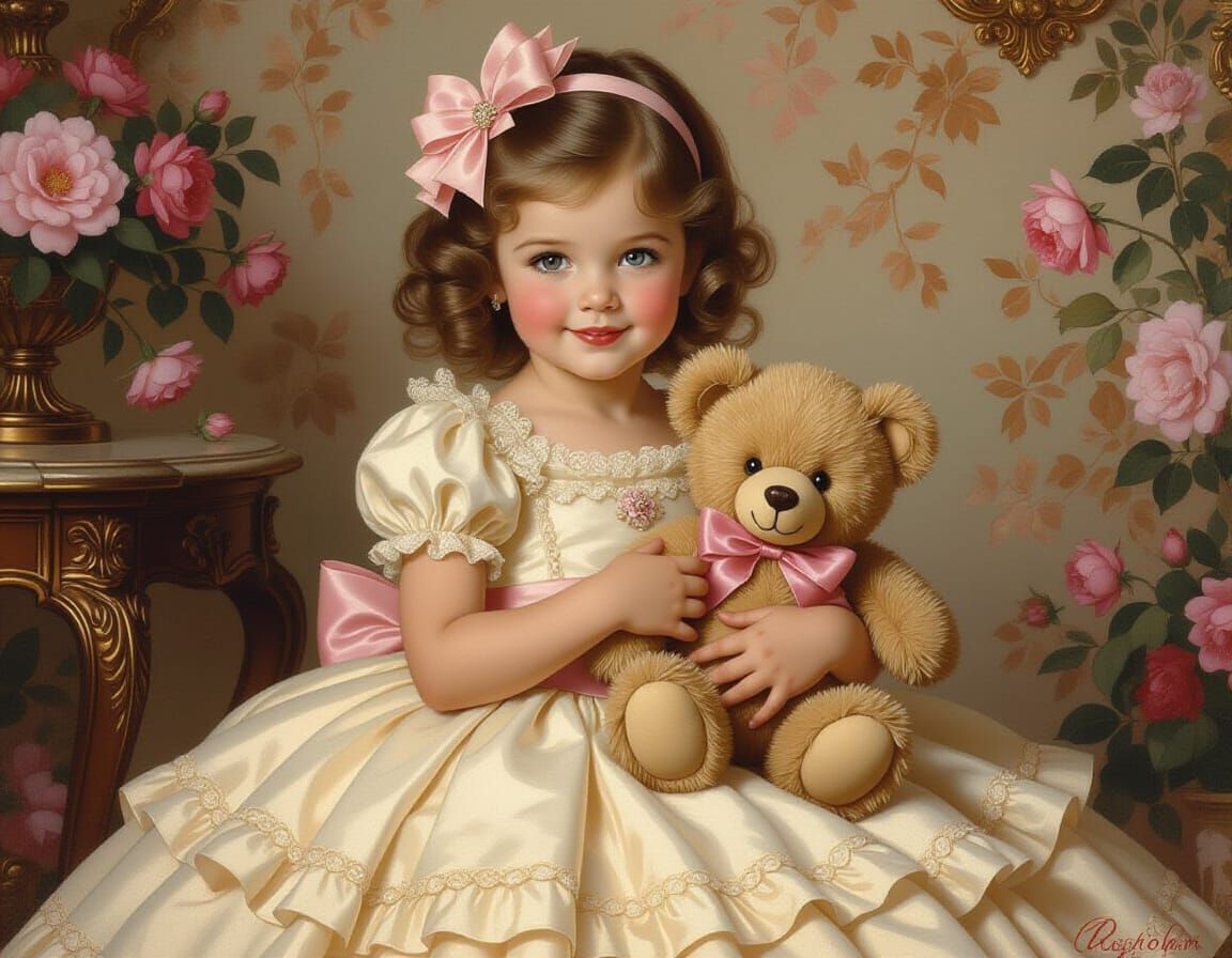 Vintage Girl with Teddy Bear in Playful Realism Style
